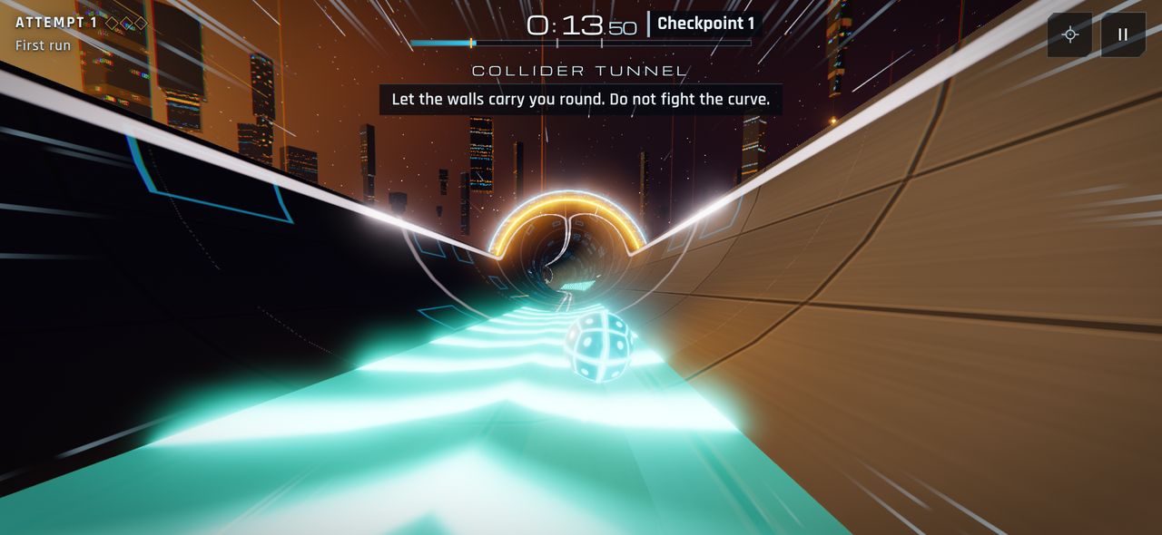 Gameplay in level 17, Event Horizon: the glowing sphere races through a curved tunnel at extreme speed.